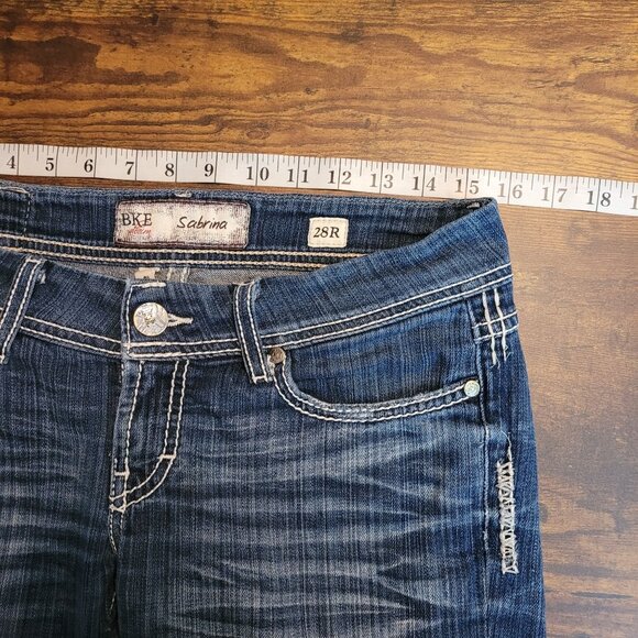 BKE Jeans 28 R Sabrina Flare Low Rise Ripped Thick Stitch Stretch Boho Western - Picture 7 of 12